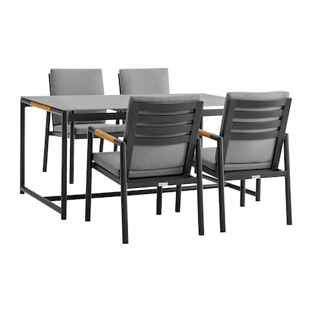 Armen Living Royal 5 Piece Black Aluminum and Teak Outdoor Dining Set with Dark Gray Fabric 840254332836